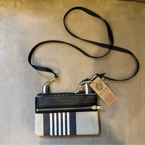 Renew black, white and tan Striped Crossbody Bag with long Strap purse NWT zip